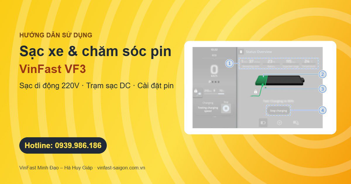 Hướng dẫn sạc VinFast VF3: sạc di động 220V, trạm sạc DC và cài đặt pin