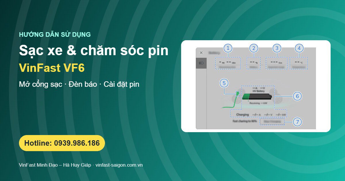 Hướng dẫn sạc VinFast VF6: mở cổng sạc, đèn báo chữ V, sạc AC/DC và cài đặt pin