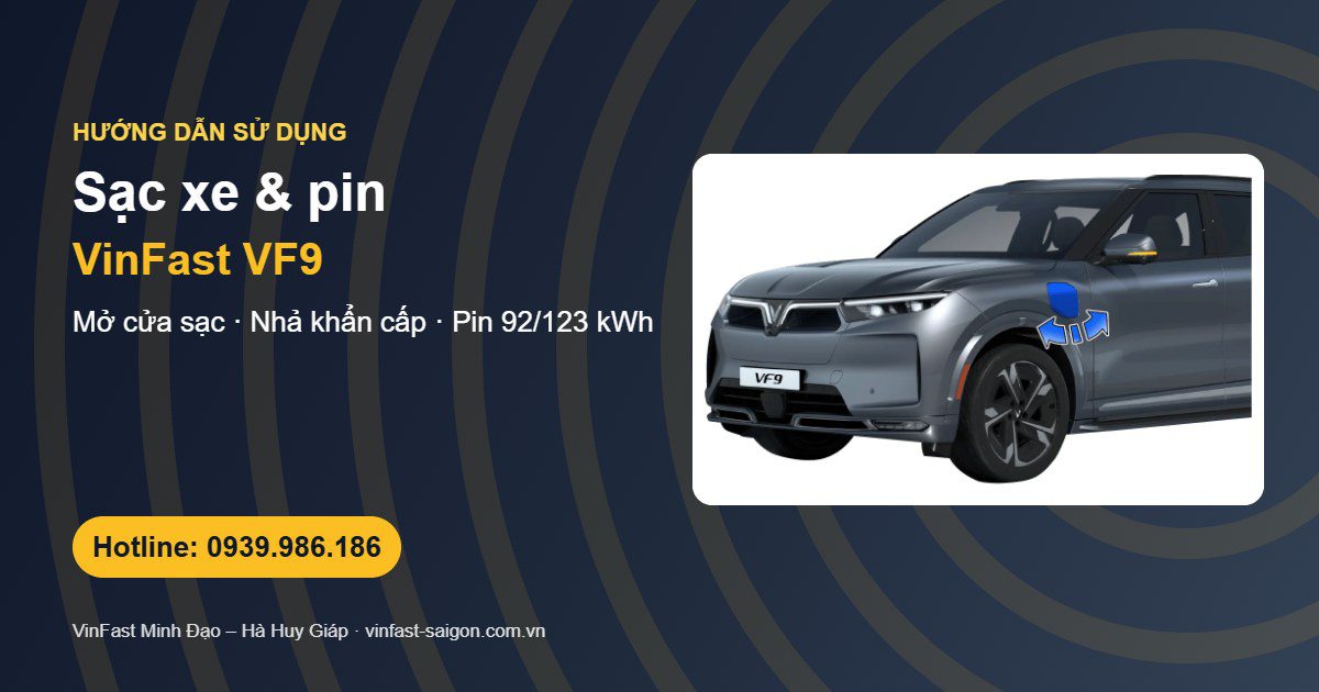 Hướng dẫn sạc VinFast VF9: mở cửa sạc, cáp nhả khẩn cấp và dung lượng pin 92/123 kWh
